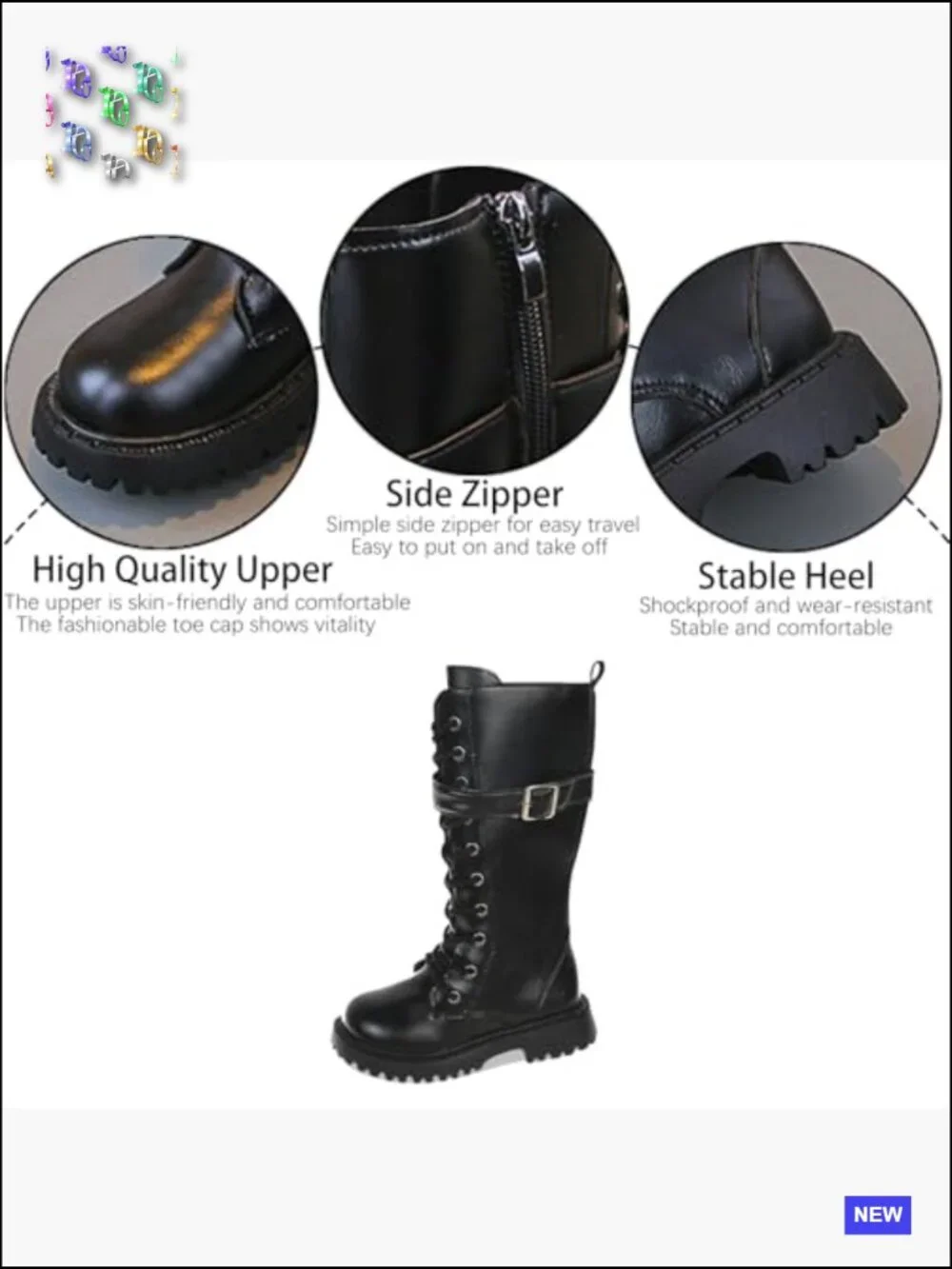Girls Leather Knee High Boots with Side Zipper Fashion Buckle Straps Comfort
